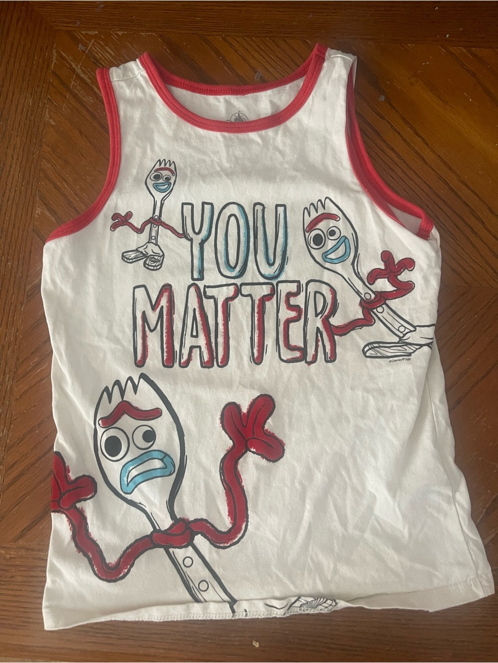 Disney Forky White Tank Top with Red Trim 'You Matter' Fork Characters